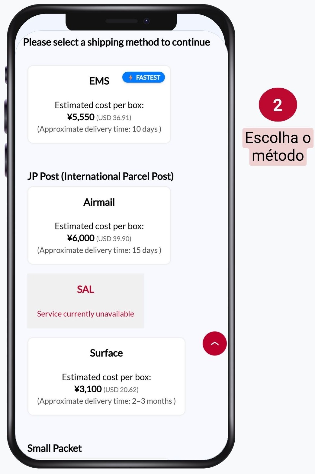 Escolha o método de envio (EMS, Correio Aéreo, Via Expressa).