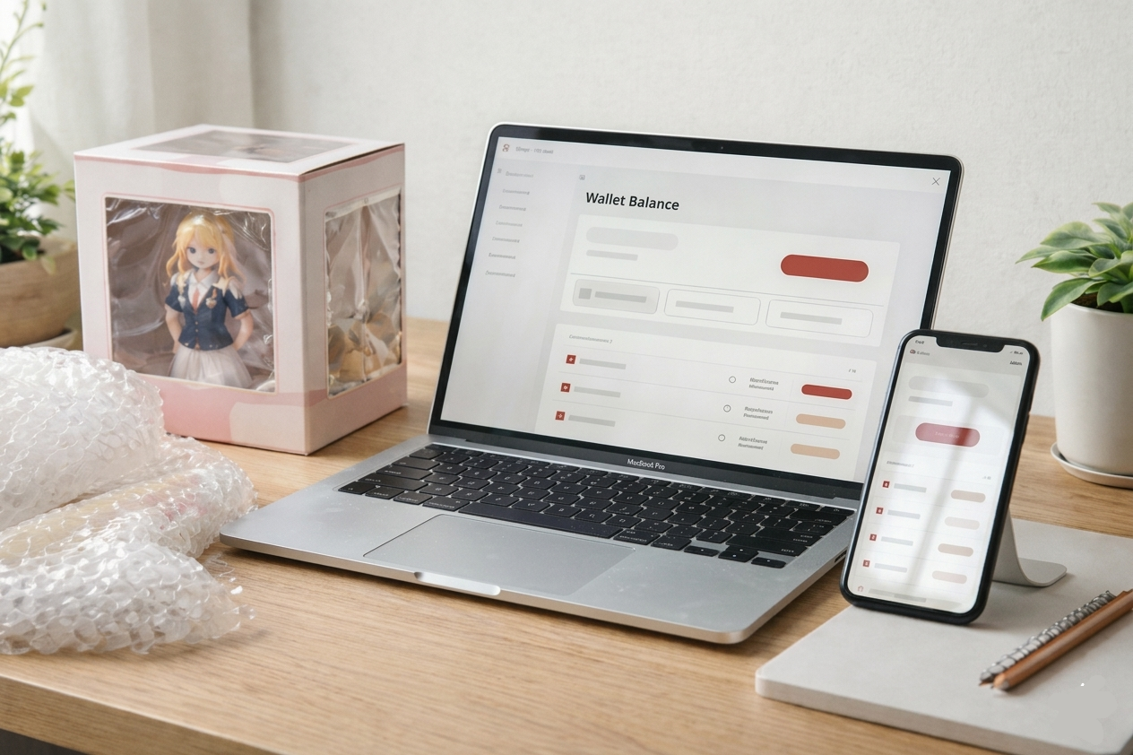 Negai Wallet dashboard on laptop and phone next to a boxed collector figure and packing materials